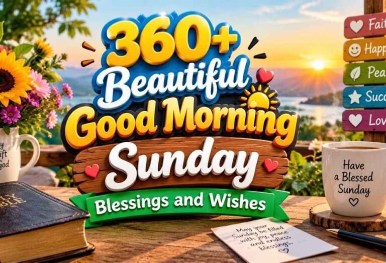 Good Morning Sunday Blessings and Wishes with colorful 3D text, flowers, coffee, Bible, and peaceful sunrise