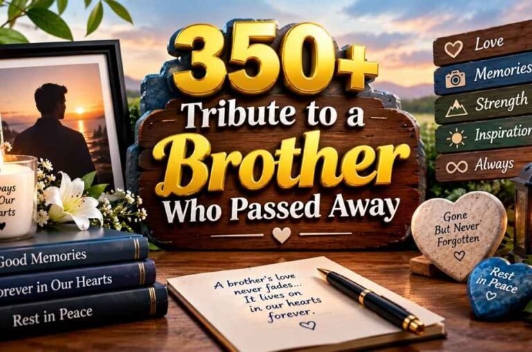 350+ Tribute to a Brother Who Passed Away – heartfelt memorial with golden 3D text, candles, flowers, and loving memories.