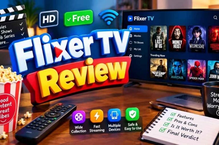 Flixer TV Review featuring a streaming interface, 3D title text, movie icons, TV shows, and entertainment features.