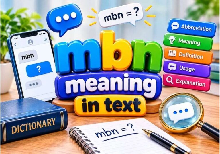 MBN meaning in text: phone chat showing “mbn” beside a dictionary, a notebook and a magnifying glass