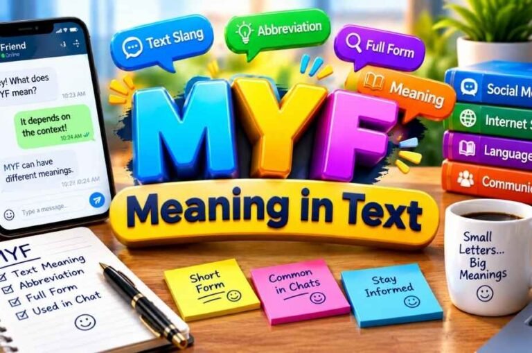 MYF Meaning in Text illustrated with colorful 3D letters, messaging icons, and a smartphone chat.