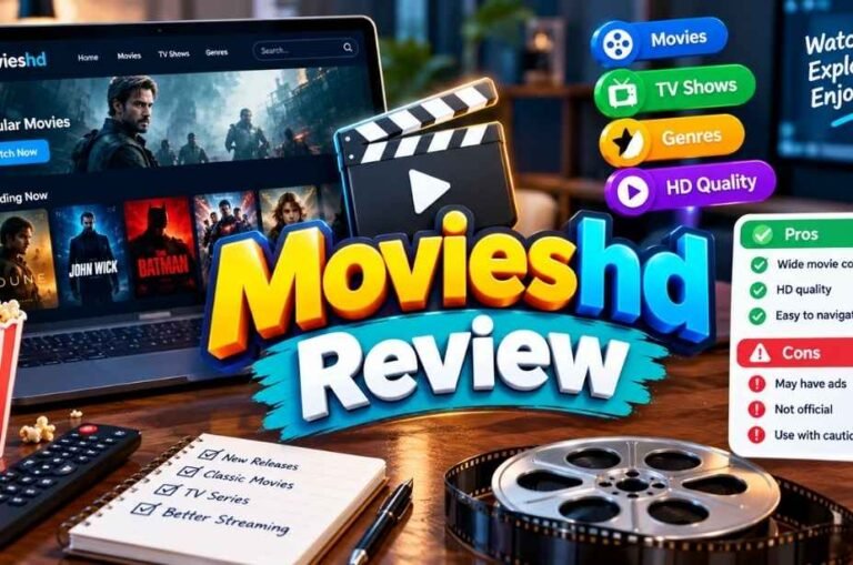 Movieshd Reviews featuring a colorful 3D title, movie streaming screen, film reel, popcorn, and pros and cons checklist.