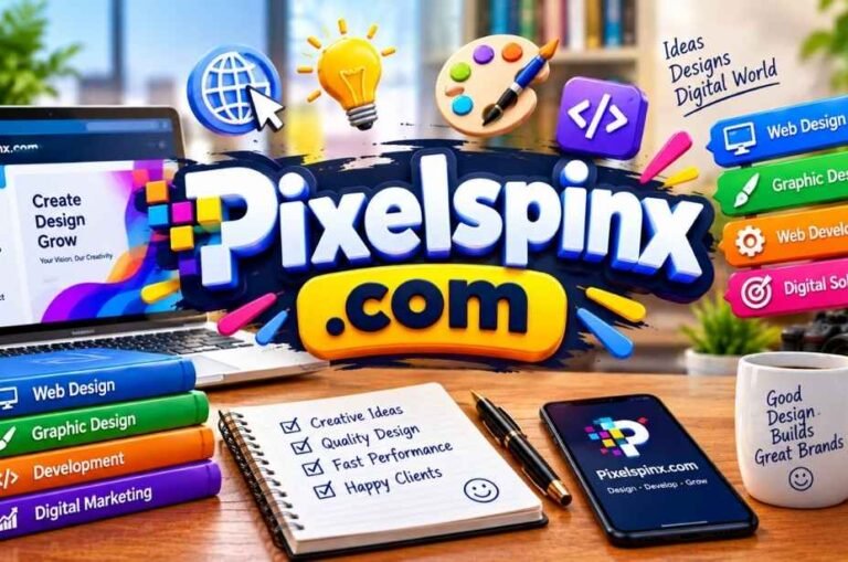 Pixelspinx.com website branding with colorful 3D text, web design, graphic design, web development, and digital solutions icons.