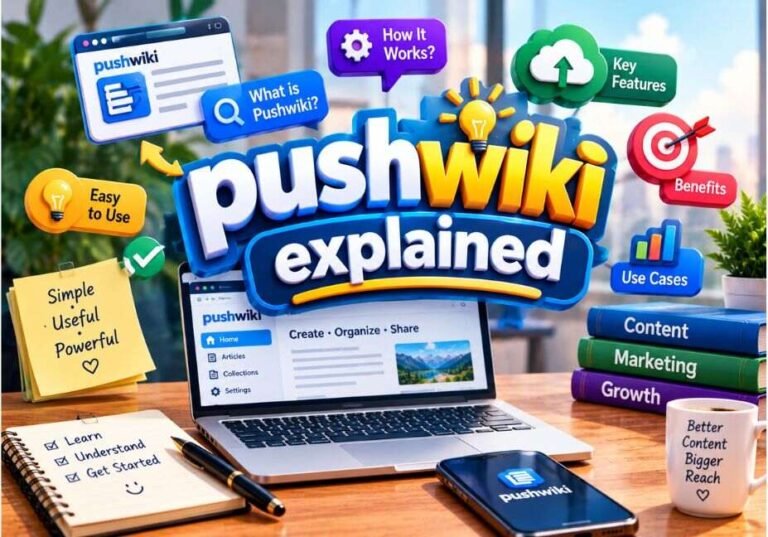 PushWiki explained graphic with a laptop, phone and labels for what it is, how it works, features and benefits