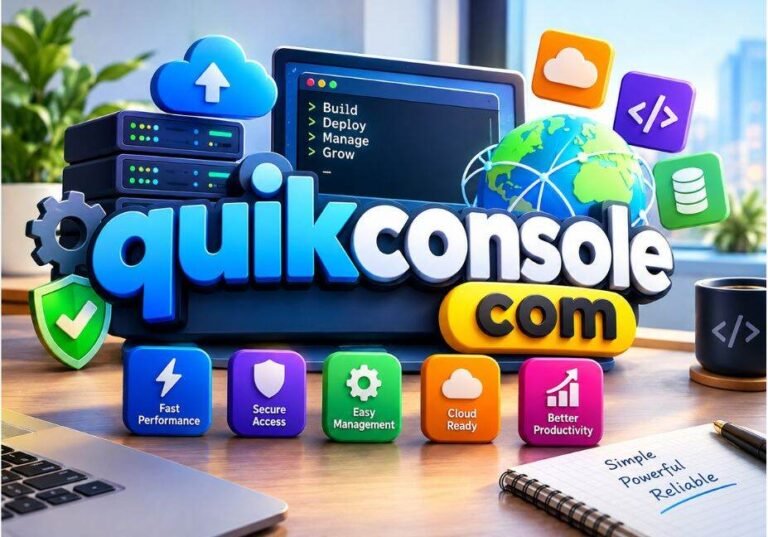 Quikconsole com title with server racks, a terminal window, cloud and security icons and a notepad