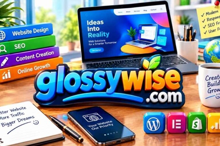 Suing or sueing spelling guide with a Glossywise com infographic explaining website topics, safety checks, and credibility.