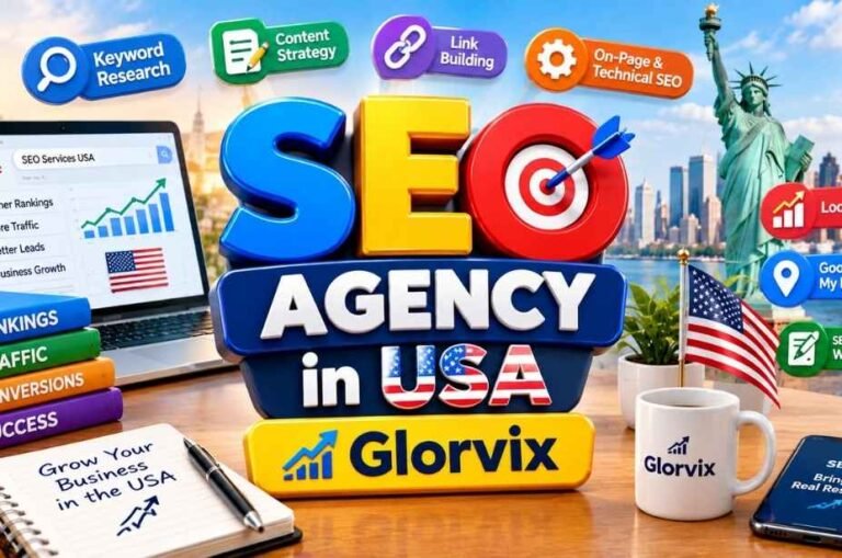 SEO agency in USA Glorvix featuring 3D SEO services, keyword research, link building, local SEO, content strategy, and digital marketing growth.